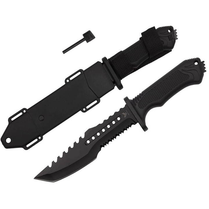 Cutit Tactic Militar, Multifunctional pentru Supravietuire, Cu Teaca, Aprinzator Foc, 31 cm, Negru