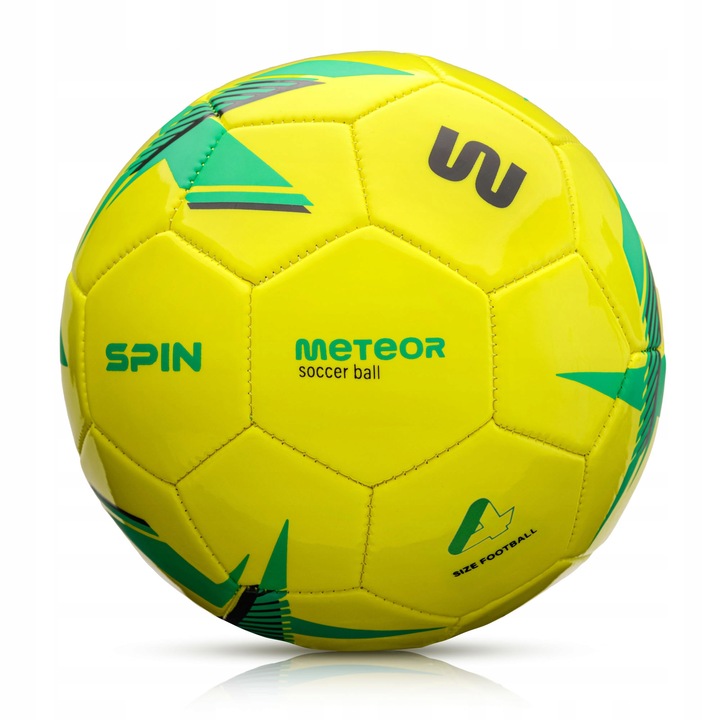 Minge De Fotbal, Meteor, Spin, Material, Pvc, Camera, Latex, Supapa, Butil, Greutate, 0,29 Kg, Dimensiune, 4, Constructie 32 Panouri Cusute Mecanic, 20 cm x 18 cm x 10 cm, Galben-Verde