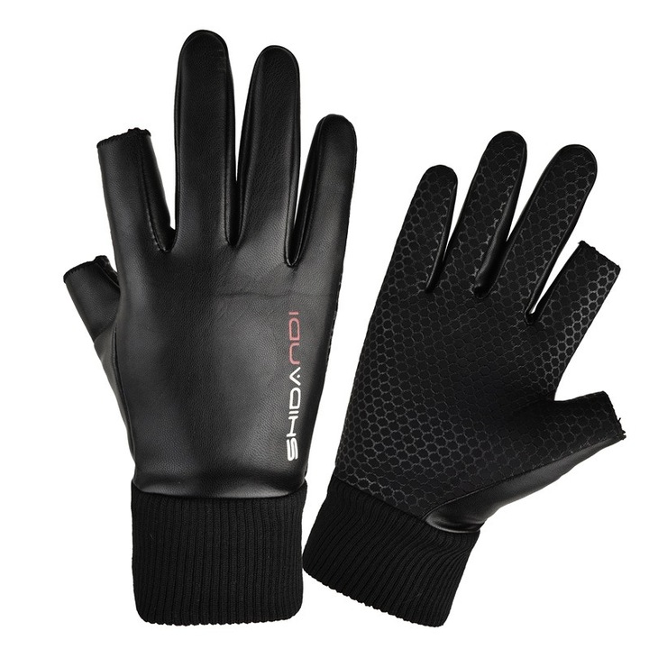 Férfi sportkesztyű, PU, vízálló, szélálló, ujjatlan kivitel, polár béléssel, fekete