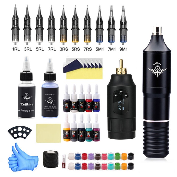 Пълен комплект за татуировки Tuffking, писалка, 10 игли, трансферен гел, 10 пигментни цвята, черен, 20x15 cm