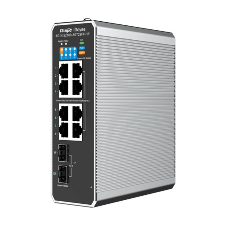 Ipari kapcsoló 7 x RJ45 1G PoE+, 1 x RJ45 1G PoE++, 2 x SFP, L2 Cloud Management - Ruijie RG-NIS2100-8GT2SFP-HP