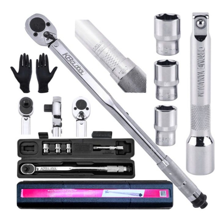 Комплект динамометричен ключ 1/2 5 части 28-210 NM вложки 17-19-21 мм, удължител 1/2