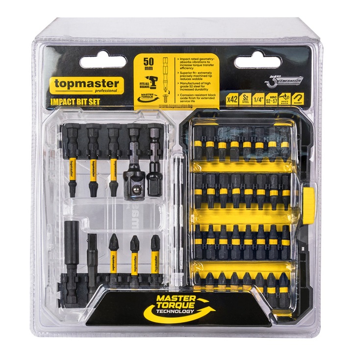 Set biti capete de surubelnita de impact, TOPMASTER, 42 piese