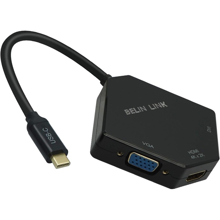 USB C към HDMI/VGA/DVI адаптер, PAKLIMCN, 4K, 3 в 1, черен