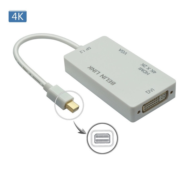 PAKLIMCN 3 в 1 Mini DisplayPort към HDMI 4K, DVI, VGA, 3840x2160@30Hz, 1920x1200@60Hz, с позлатен конектор