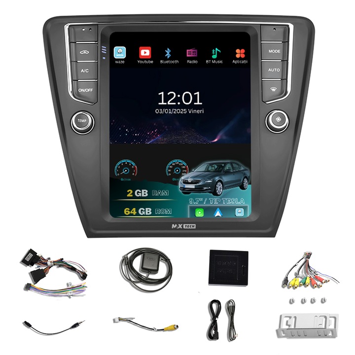 Navigáció Skoda Octavia 3 2013 - 2020 dedikált, Android és Carplay Type Tesla / Vertical, MaxTech®, 9,7 hüvelykes képernyő, 2 GB RAM 64 GB ROM, EQ, RDS, GPS funkciók, WIFI, rádió, Bluetooth, Waze