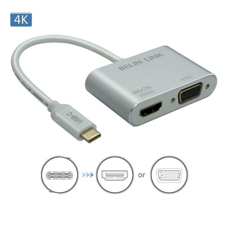 USB-C към VGA адаптер, PAKLIMCN, 2 в 1, максимална резолюция 1920x1080p, бял