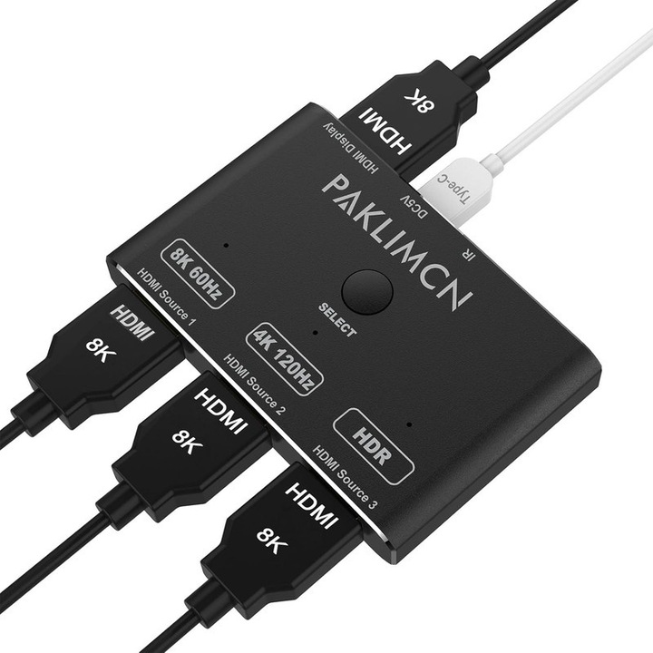 Switch HDMI 2.1 PAKLIMCN, 8K 2in1out, 48Gbps, suporta 8K@60Hz, 4K@120Hz
