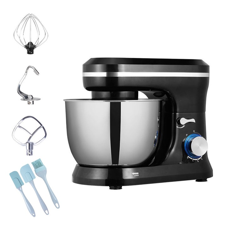 Кухненски робот, Sokany, 1200 W, 5 L купа от неръждаема стомана, с 3 аксесоара, с комплект инструменти за печене 3, 6 скорости + импулс, черен - неръждаема стомана