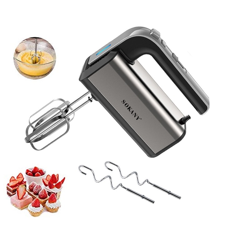 Mixer de mana Sokany, 800W, 2 teluri si 2 carlige din inox, 5 Viteze, self stand, Buton pentru demontarea accesoriilor, Viteza mare de rotatie, disipare rapida a caldurii, Negru argintiu