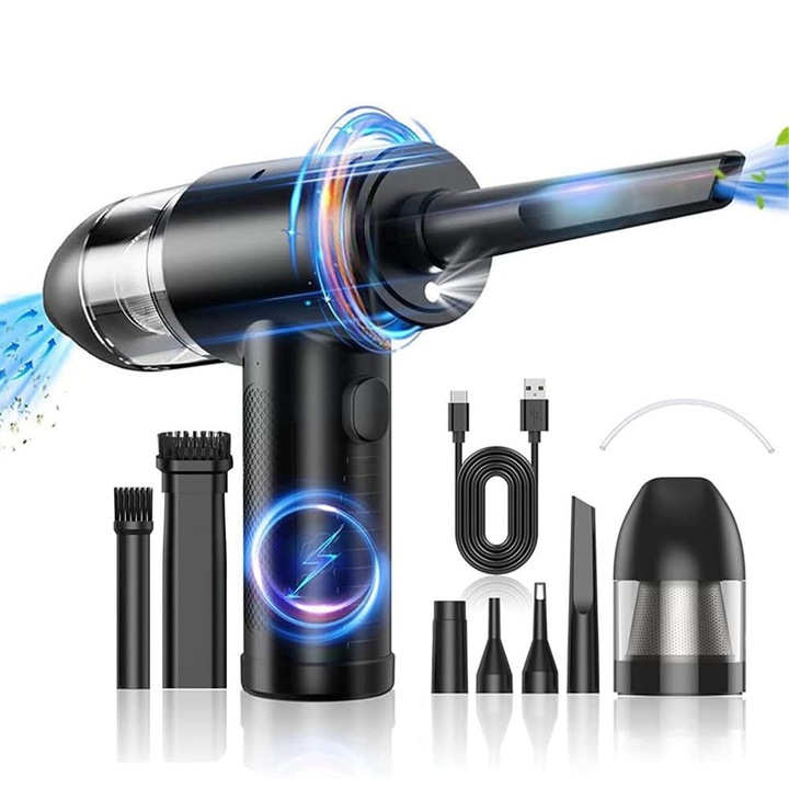 Suflanta Aer & Aspirator Portabil, 6000mAh, 51000RPM, pentru indepartare praf PC, Aer Conditionat, Jaluzele, Canapea, Cu Accesorii, Lanterna LED, 3 Trepte de Viteza, Pornire cu un singur buton, durata de viata a bateriei 30-40 de minute, Negru
