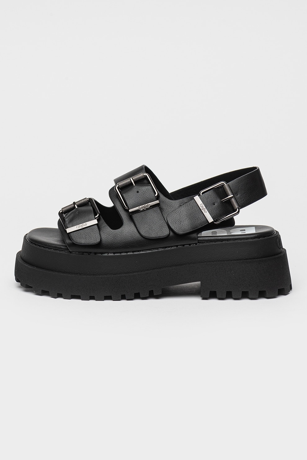 Buffalo, Sandale demi-wedge din piele ecologica cu catarama, Negru, 40