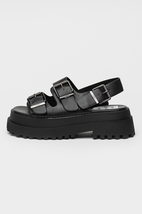 Buffalo, Sandale demi-wedge din piele ecologica cu catarama, Negru