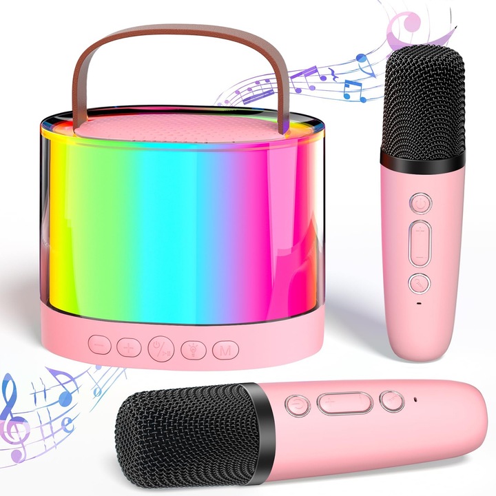 Комплект караоке микрофон, с преносим високоговорител, HiFi звук, LED светлини, Ultra Portable, Bluetooth 5.3, 3 режима на възпроизвеждане, 2 микрофона в комплекта, 4 гласови ефекта, За деца и възрастни, Розов