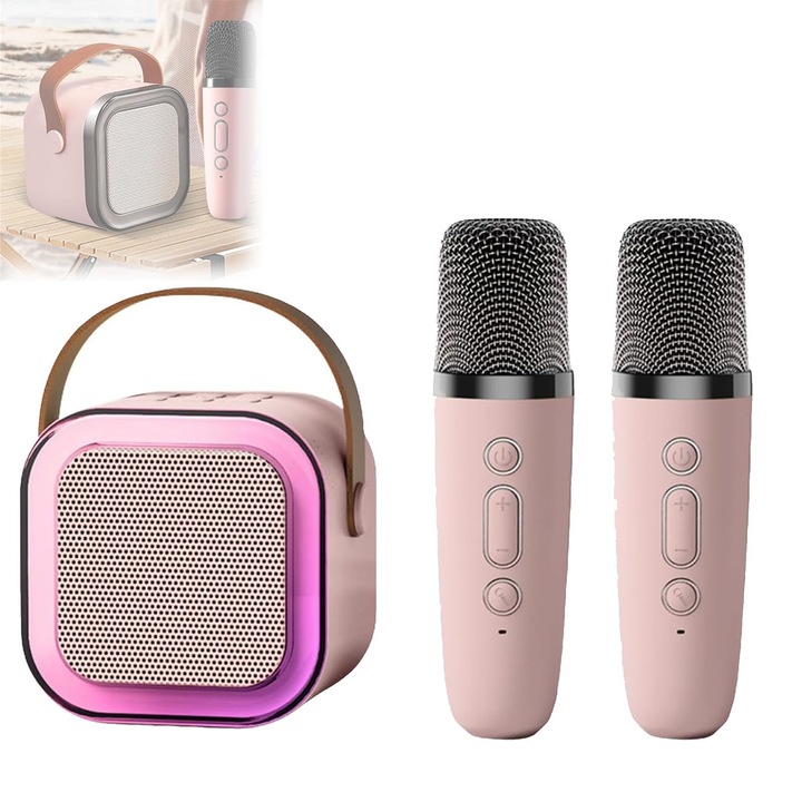 Set microfon karaoke, Wireless, 4 efecte voce, Sunet HiFi, lumini LED, Portabil, 2 microfoane incluse, Bluetooth 5.3, 3 moduri de redare, pentru petreceri, Roz