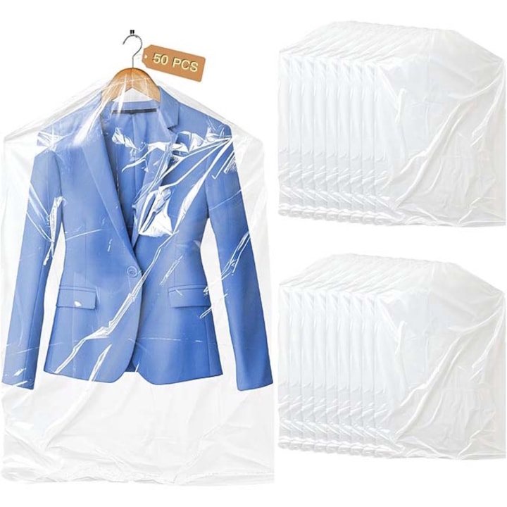 Set 50 Huse de protectie pentru haine, 60 x 100cm, De unica folosinta, Transparent, Subtire