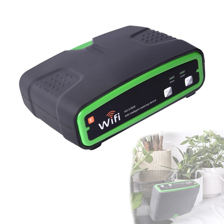 Kit de irigare la radacina plantelor, Florilor, WIFI, pentru 20 Ghivece, Jardinere, 2 Pompe, Programator irigare, Aplicatie IOS si Android Smart Life, Negru