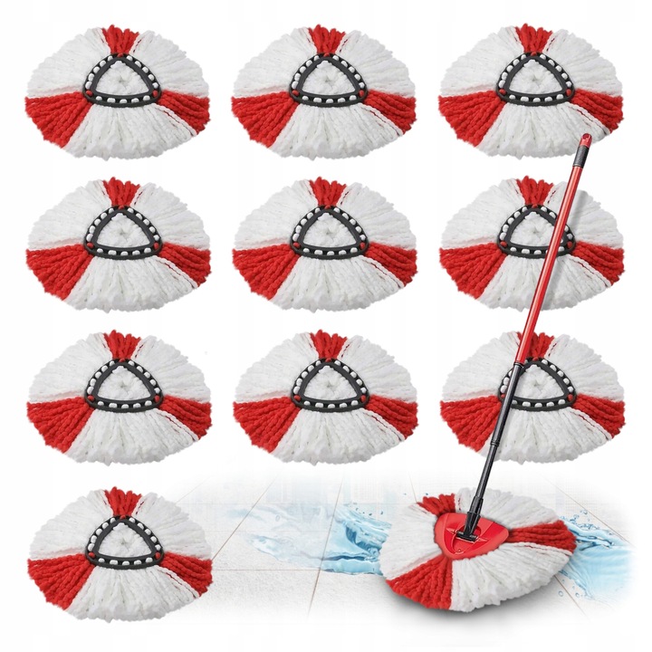 Set 10 capete pentru mop rotativ, Luka, microfibra, compatibil cu Vileda, alb/rosu