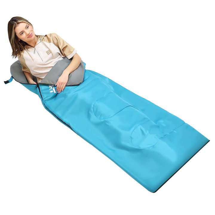 Sac De Dormit Pentru Turisti Enero Camp Light, 2 Sezoane, Ideal Pentru Camping, Drumetii Si Calatorii, Geanta De Transport, Interval De Temperatura din 15 jos 30°C, 200x70cm, albastru/gri