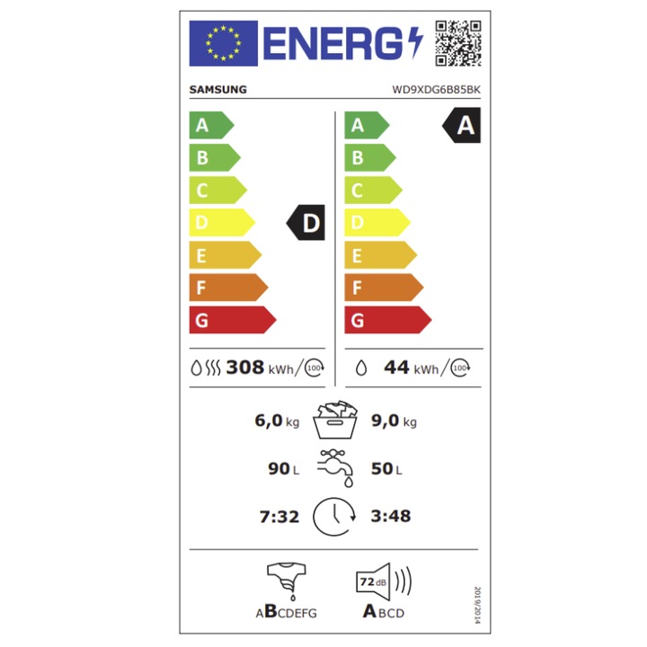 Masina de spalat cu uscator Samsung WD9XDG6B85BKU2, 9/6 kg, 1.400 rpm, AI Wash