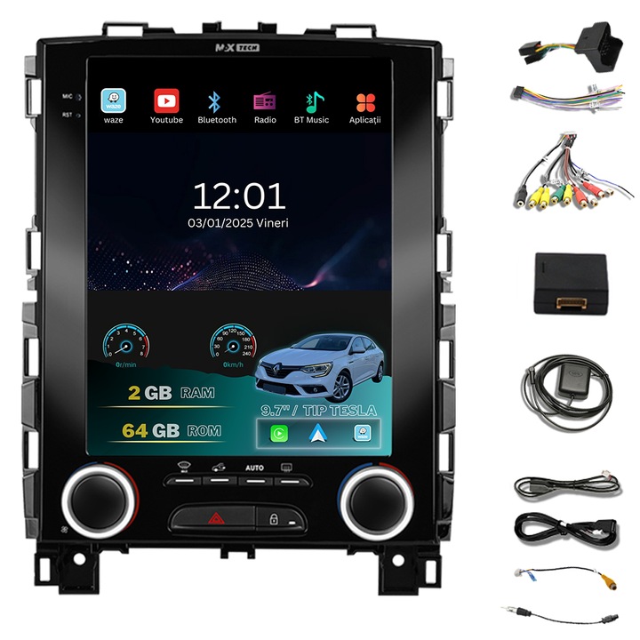 Navigatie Renault Megane 4, Talisman, Koleos 2016 - 2022 dedicata, Android si Carplay Tip Tesla, MaxTech®, ecran de 9.7 inch, 2 GB RAM 64 GB ROM, EQ, RDS, functii GPS, WIFI, Radio, Bluetooth, Waze