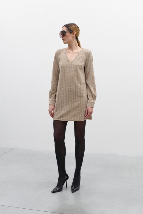 Rochie scurta din catifea cu model perforat, marime S, culoare bej, LUMINA Fashion