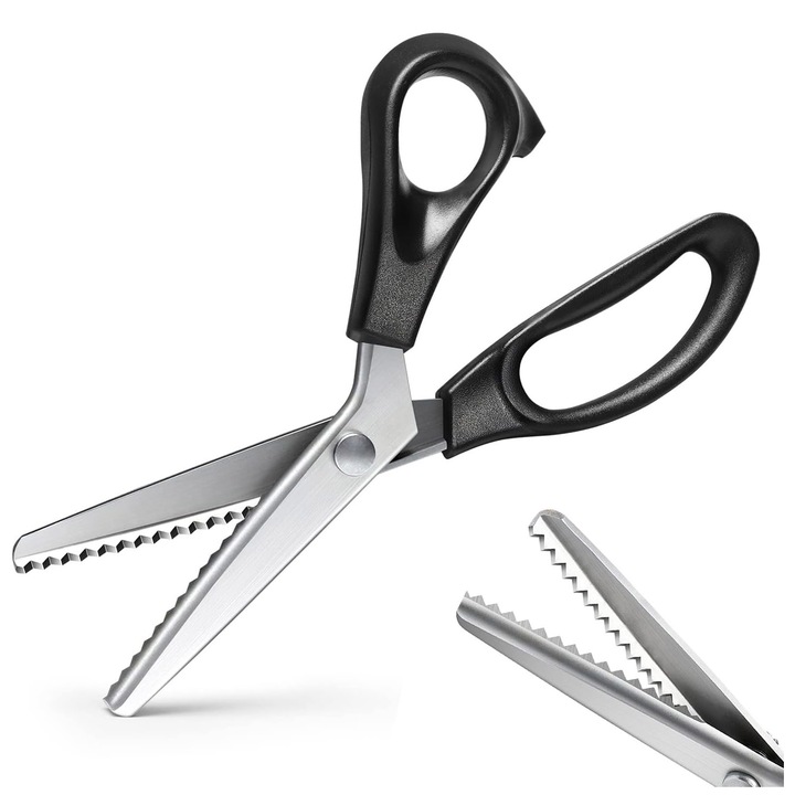 Cikcakk olló, rozsdamentes acél, osztás 5 mm, vágóanyagok, bőr, 23 cm, YQLAFT, fekete