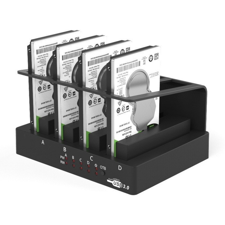 Dock de expansiune pentru hard disk extern, USB 3.0 la SATA, 5Gbps, patru pozitii pentru disc, suporta 64TB, universal de 2,5/3,5 inchi, hibernare inteligenta, disipare eficienta a caldurii, negru