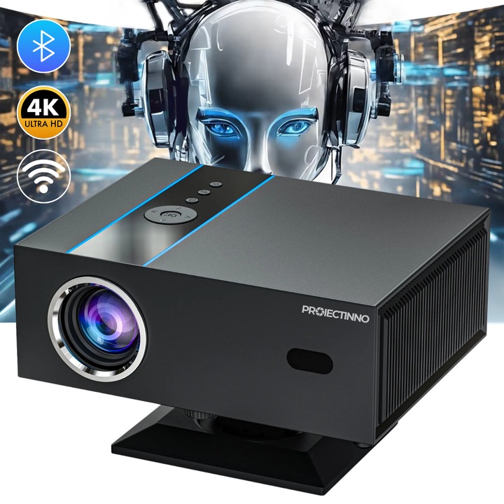 Videoproiector 4K, X6, Proiectinno, 16GB, Android 13 si Wi-Fi 2.4G/5G, Bluetooth 5.0, 12000 lumeni, auto-focalizare, audio Dolby, telecomanda smart, portabil, negru