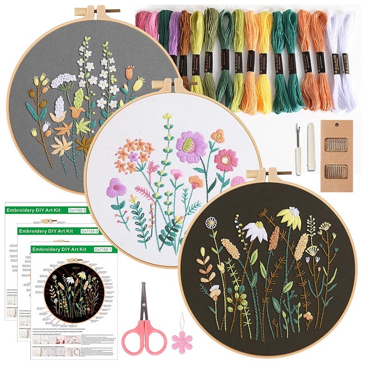 Kit broderie, tesatura din bumbac cu model floral, unelte incluse, 20x20cm, multicolor