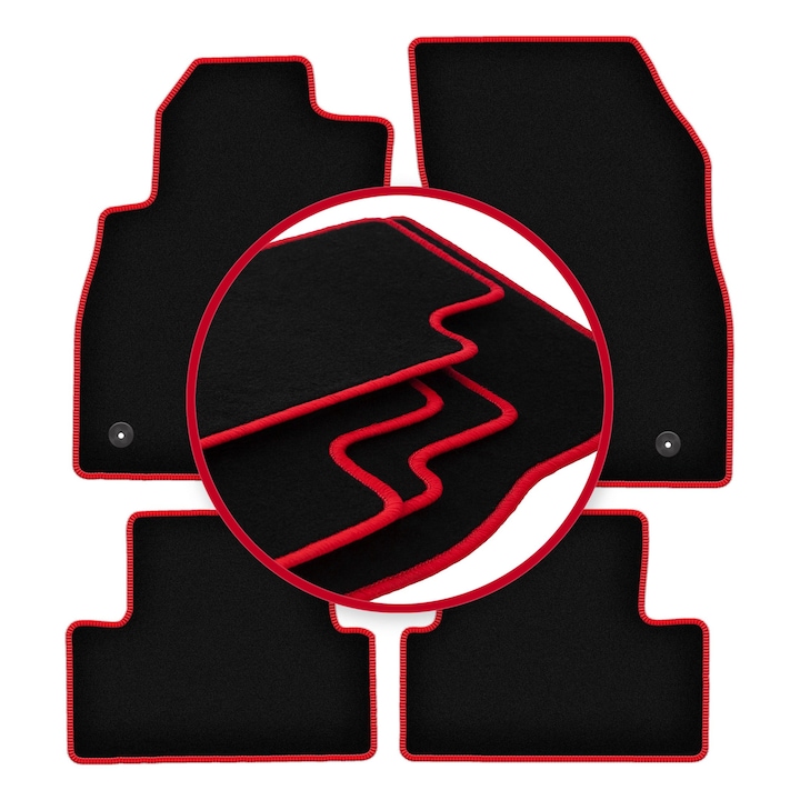 Set covorase auto, 4 bucati, presuri auto, pentru: Opel Astra J (2009-2015) hatchback, sedan, break, sport tourer negru cu cusaturi rosii, Wielganizator