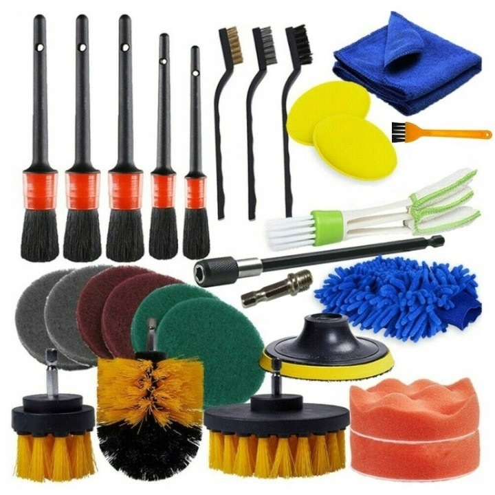 Set detailing 27 elemente, Bisanti, unelte de curatare auto, perii, pad-uri