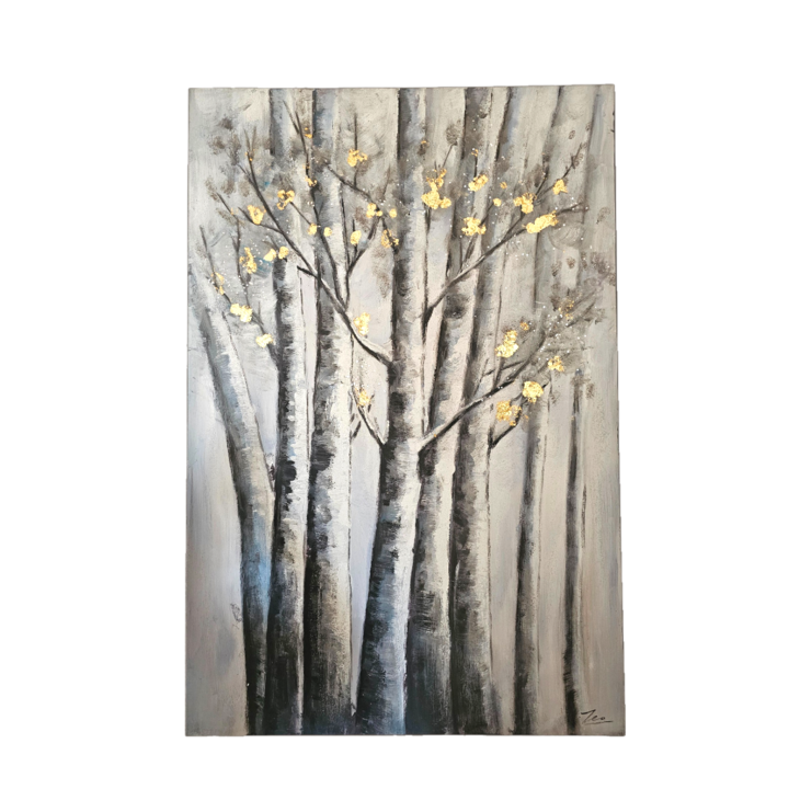Tablou pictat manual pe panza, design abstract cu copaci si accente aurii texturate in relief, dimensiuni 80x120 cm
