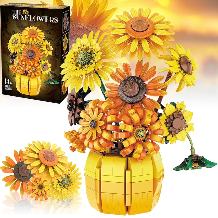 Set de Constructie, Puepoul, Florile soarelui, 1009 Piese, Floare 3D cu Ghiveci, Decor Interior, Colectia Botanica, Design Flexibil, Relaxare Creativa si Mindfulness, BPA Free, 14+, Cadoul Perfect pentru Copii si Adulti, Galben/Portocaliu