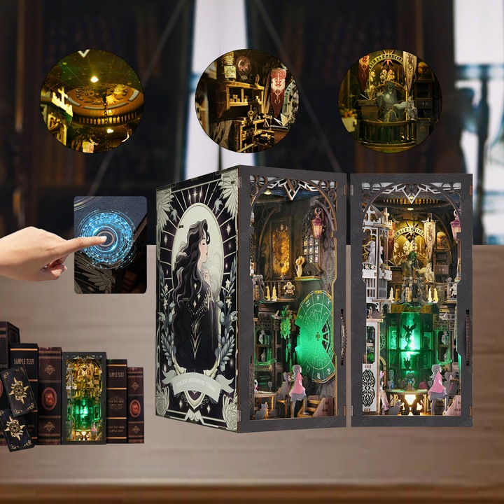 3D пъзел, Puepoul, 395 части, Комплект „Направи си сам“ за мини къщички, с LED светлини, Поставка за книги в стил стая с Таро, Интериорен декор, Декорация за библиотека, Перфектен подарък за деца/възрастни