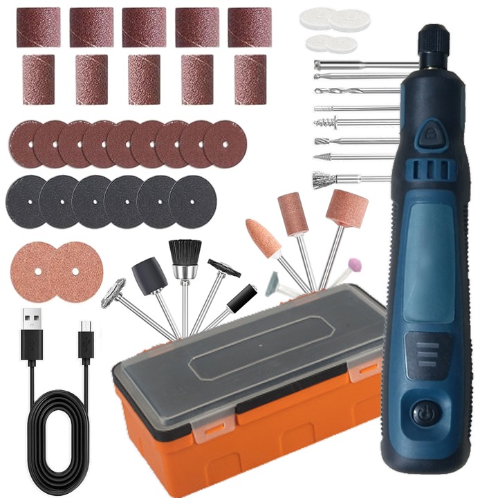 Мултифункционален инструмент 3.6V, Puepoul, USB зареждане, 5000-15000r/min, 6 настройки на скоростта, 50 аксесоара, За рязане, шлайфане, фрезоване и скосяване