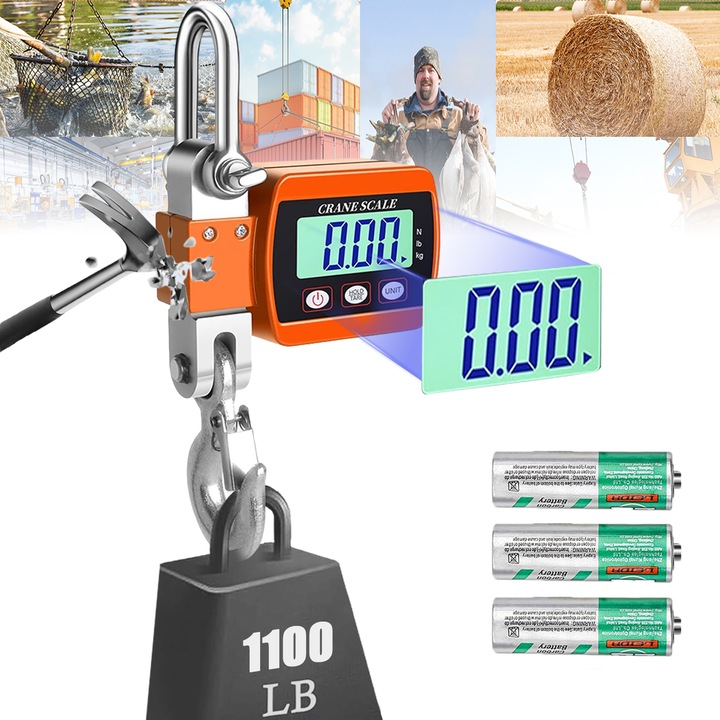 Cantar electronic de Mana, Puepoul, 500kg, 1100LBS, Cantar digital suspendat, Portabil, cu carlig robust, Portocaliu, Pentru bucatarie, pescuit, alimente, transport maritim