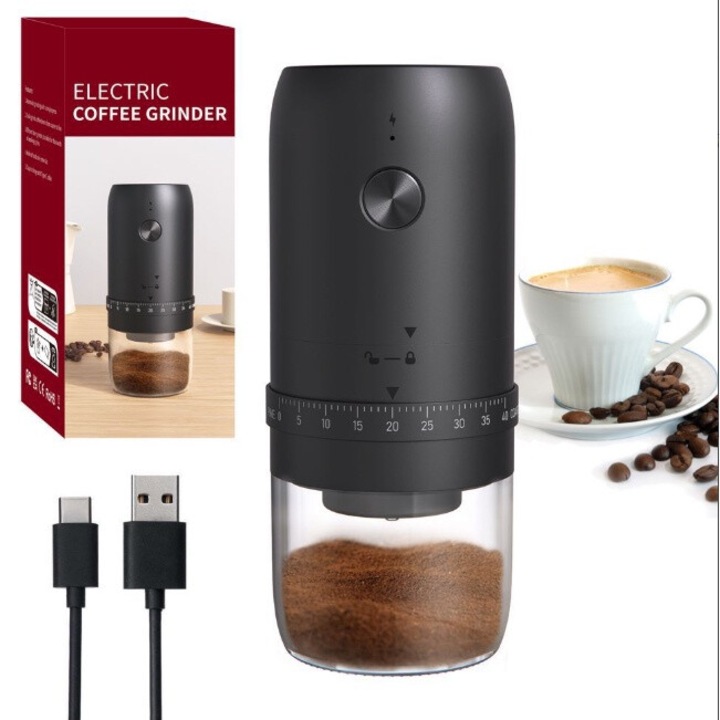 Електрическа кафемелачка, Puepoul, преносима, 40 нива на регулируема гранулация, USB зареждане, с множество настройки за смилане, черна