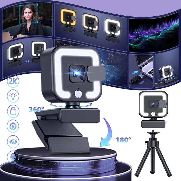 Уеб камера, Puepoul, 2K Full-HD с LED, 3 RGB цвята, 1080P HD видео камера, вграден микрофон с двойно намаляване на шума, автофокус, включен капак за поверителност, черен