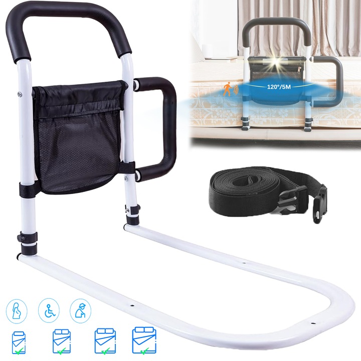 Maner de sprijin pentru pat, Puepoul, cu Lumina si Buzunar Depozitare, reglabil pe inaltime, montaj usor, Capacitate de incarcare de 300 de lire, ajutor pentru ridicare si culcare, metal, alb