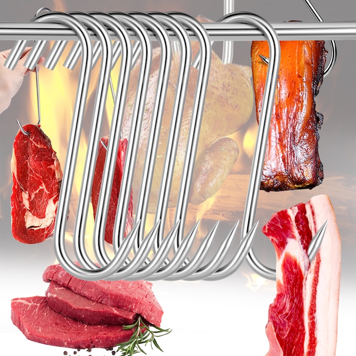 Set 20 carlige din inox pentru macelarie sau afumatoare carne, Puepoul, tip S, nu este usor de deformat, capacitate 12.5 kg, puternice si ascutite, pentru suspendat carnea, carnatilor afumati, pestelui, gatit, ustensilelor de bucatarie, 18cm, argintiu