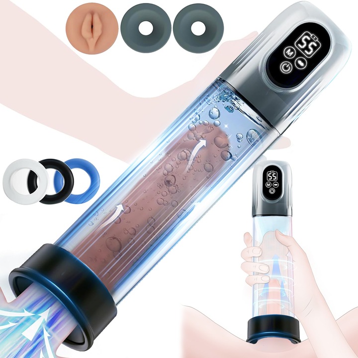 Set Masturbator, Puepoul, Jucarii Sexuale, Fereastra vizuala, Ecran LED, 6 functii de vibratii intense, 4 moduri de presiune pentru antrenament si 5 moduri de aspiratie vizuala, Incarcare USB, Silicon/ABS, gri