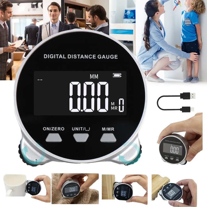 Ruleta electronica digitala 200m, Puepoul, cu ecran LCD, incarcare USB Type-C, 260 mAh, inalta precizie, Portabila, pentru suprafete plate, curbate sau pentru croitori, alb