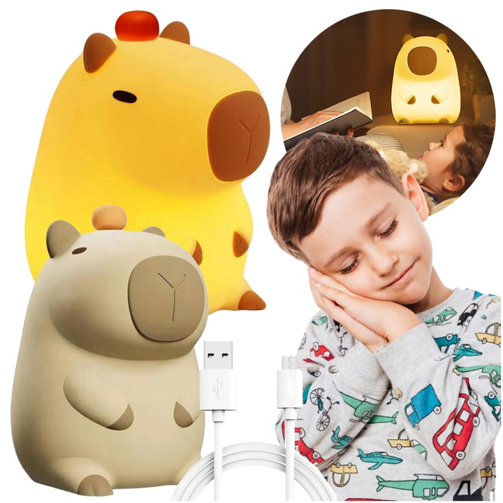 Gyerek éjjeli lámpa, RoHS, capybara forma, szilikon, USB töltés, 110x98x165mm