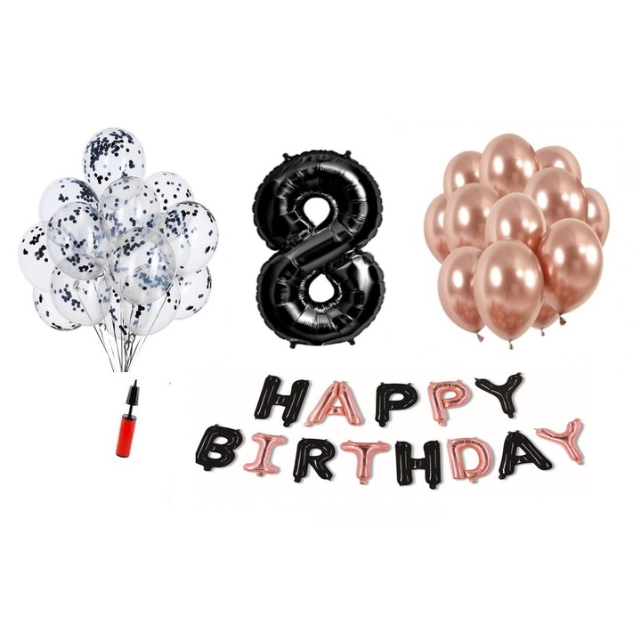 Комплект 35 балона DOMI PARTY & GIFTS, Happy Birthday черен/розово злато 8 години юбилей, фолио номер 98 см, черен