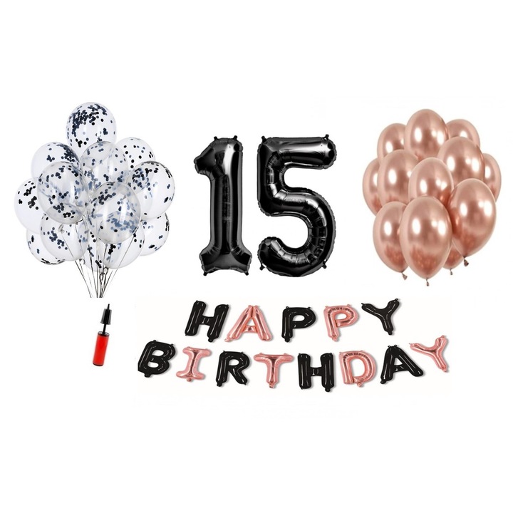 36 db-os DOMI PARTY & GIFTS lufi készlet, Happy Birthday fekete/rózsa arany 15 éves évforduló, számfólia 100 cm, fekete