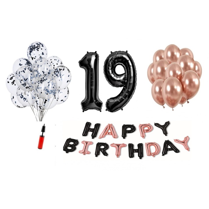 36 db DOMI PARTY & GIFTS lufi készlet, Happy Birthday fekete/rózsa arany 19. évforduló, fóliaszám 98 cm, fekete