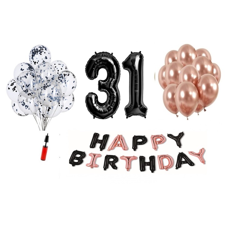 36 db DOMI PARTY & GIFTS lufi készlet, Happy Birthday fekete/rózsa arany 31. évforduló, fóliaszám 98 cm, fekete