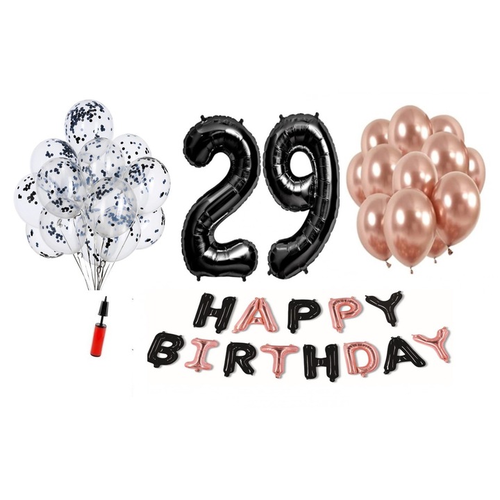 36 db DOMI PARTY & GIFTS lufi készlet, Happy Birthday fekete/rózsa arany 29. évforduló, fóliaszám 98 cm, fekete
