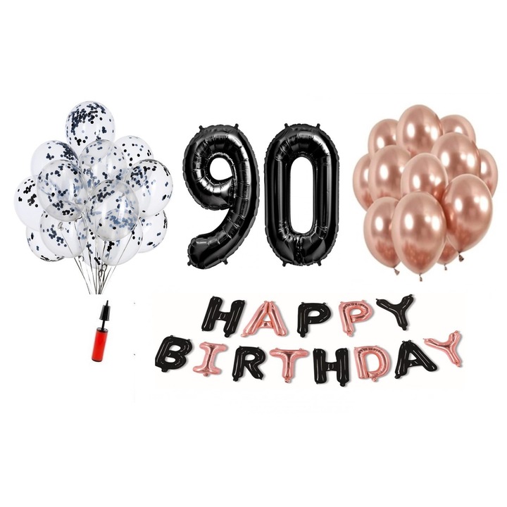 36 db DOMI PARTY & GIFTS lufi készlet, Happy Birthday fekete/rózsa arany 90. évforduló, fóliaszám 101 cm, fekete